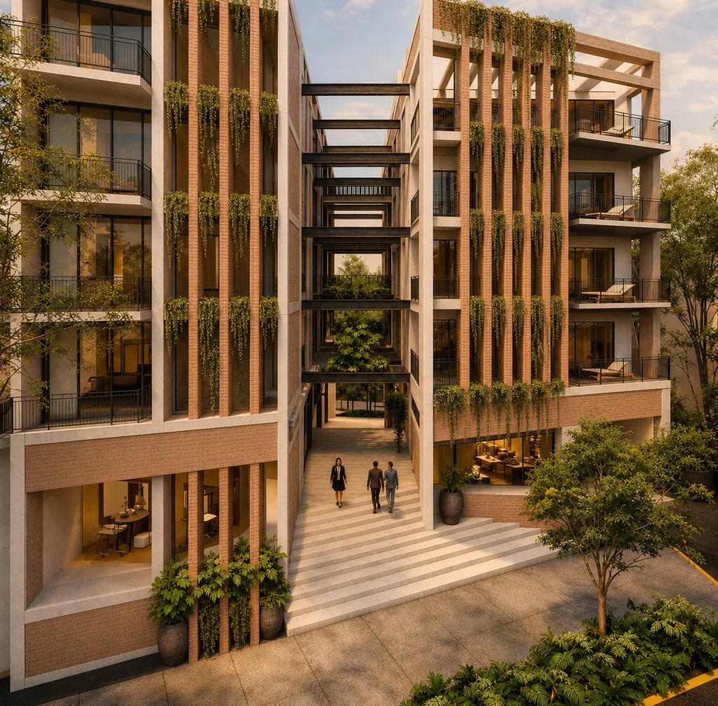 Acceso principal de arquitectura boutique Vida Sana, luz y vegetación integradas a la construcción