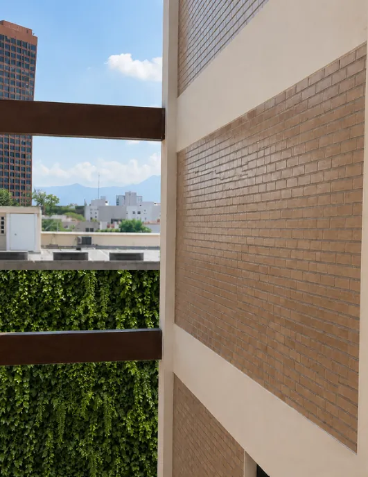 Detalle de fachada de tabique con vista a la ciudad